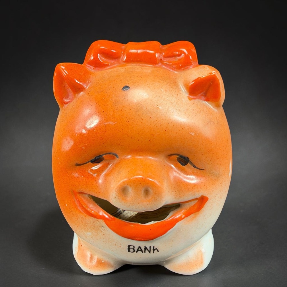 Vintage Japan Ceramic Smiling Pig Piggy Bank Orange Glaze Figurine 1920s 1930s